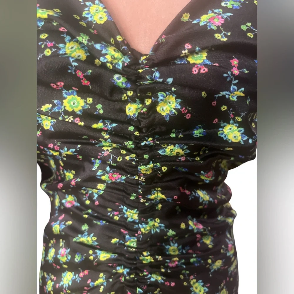 Sandro NWT Paola Dress, Black with Floral Pattern and Ruching Size 10 - Picture 10 of 16